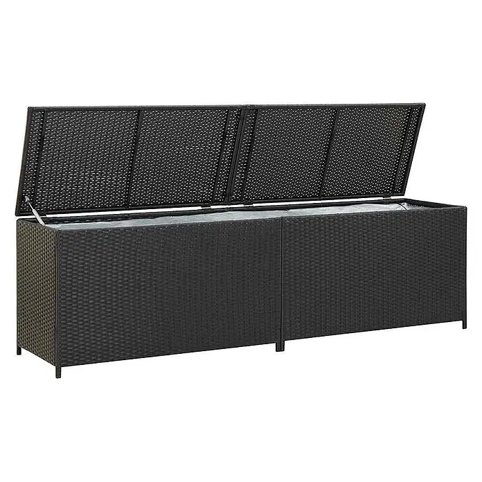 Furnicato Garten-Aufbewahrungsbox - Schwarz, Naturmaterialien - Lange dunkle Rattan-Aufbewahrungsbox mit offenem Deckel, die ein helles Innenfutter zeigt.