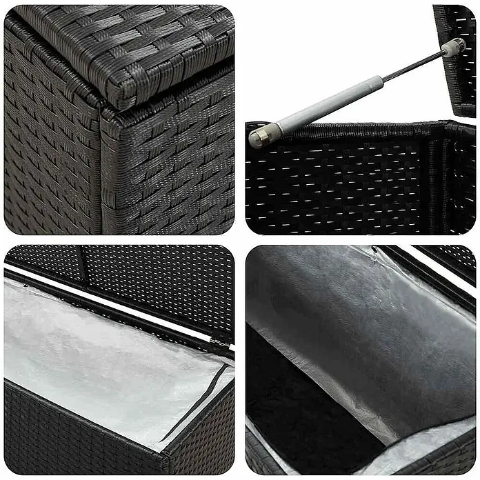 Furnicato Garten-Aufbewahrungsbox - Schwarz, Naturmaterialien - Schwarze Rattan-Gartenbox mit Gasdruckfeder-Deckel und wasserdichter Innenverkleidung.