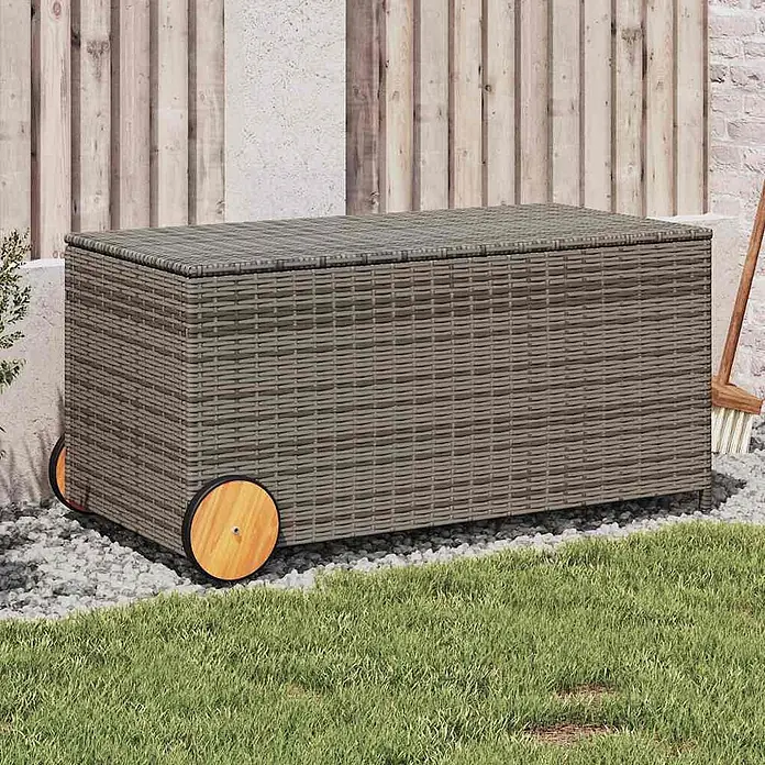 Furnicato Garten-Aufbewahrungsbox - Grau, Naturmaterialien - Grau-braune Outdoor-Aufbewahrungsbox aus Rattan-Geflecht mit Holzrädern, für den Garten.