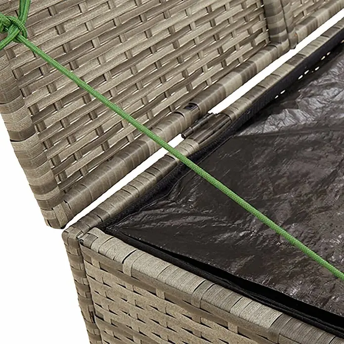Furnicato Garten-Aufbewahrungsbox - L x B x H: 75 x 80 x 59 cm, Grau, Kunststoff - Graue Rattan-Aufbewahrungsbox mit offenem Deckel und schwarzem Innenfutter. Grünes Seil sichtbar.