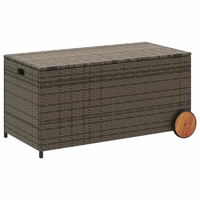 Furnicato Garten-Aufbewahrungsbox - L x B x H: 55 x 107 x 53 cm, Grau, Kunststoff - Braune und graue Poly-Rattan-Gartenbox mit Deckel, integrierten Griffen und Holzrädern für leichte Mobilität.