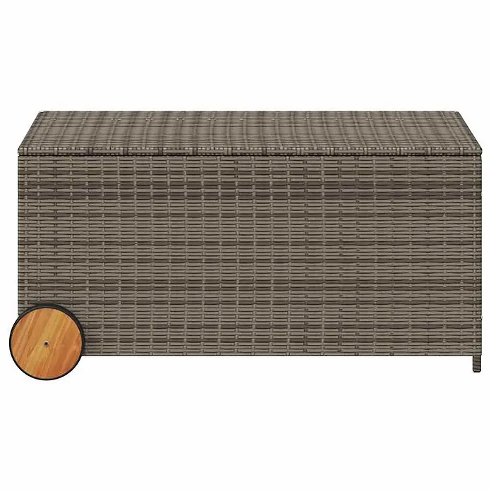 Furnicato Garten-Aufbewahrungsbox - Grau, Naturmaterialien - Graue Rattan-Optik Outdoor-Aufbewahrungsbox mit einem sichtbaren Holzrad.