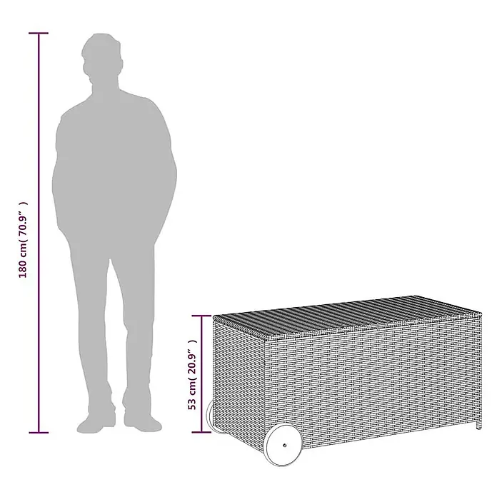 Furnicato Garten-Aufbewahrungsbox - Grau, Naturmaterialien - Tragbare Aufbewahrungsbox in Rattan-Optik mit Rollen, 53 cm hoch, neben einer Person zur Veranschaulichung der Größe.