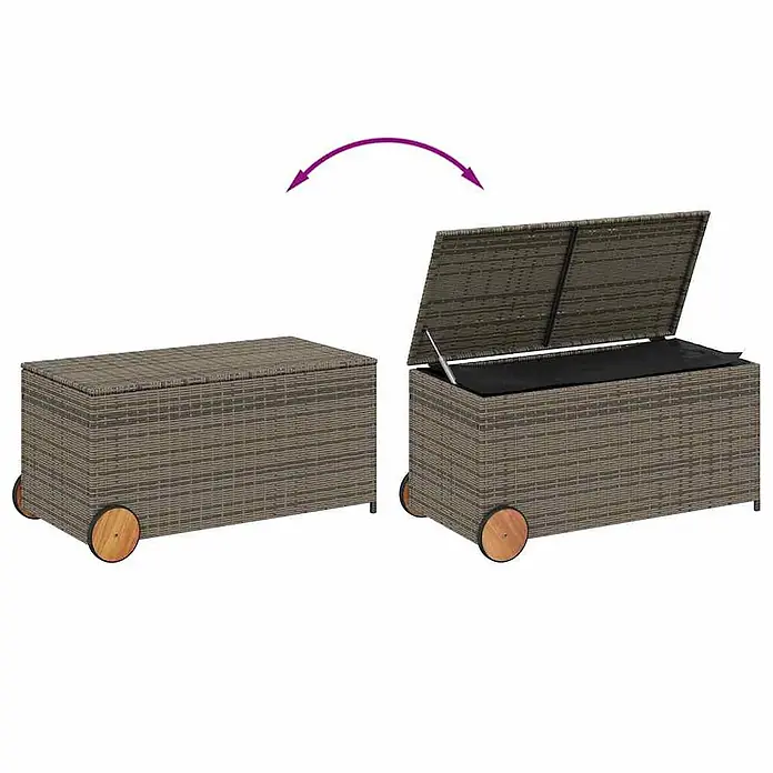 Furnicato Garten-Aufbewahrungsbox - L x B x H: 55 x 107 x 53 cm, Grau, Kunststoff - Braun-graue Poly-Rattan-Gartenaufbewahrungsbox mit Holzrädern, geschlossen und offen mit schwarzem Innenraum gezeigt.