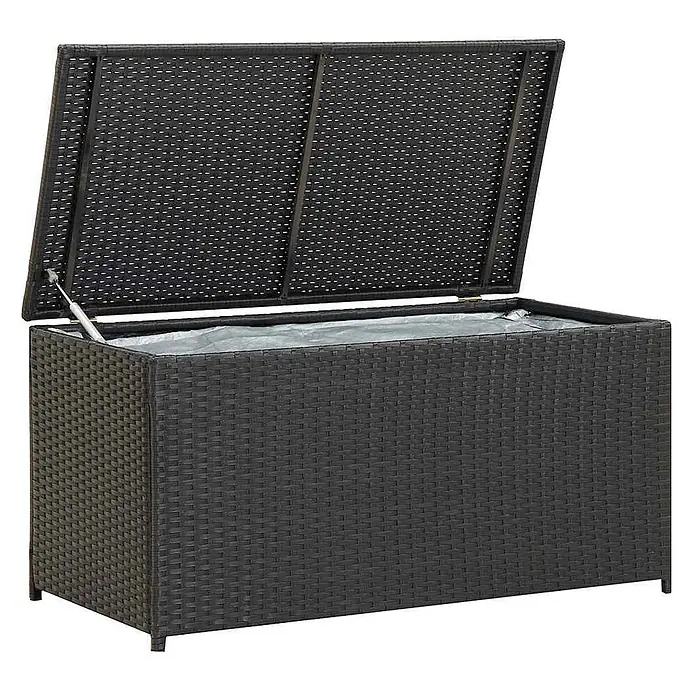 Furnicato Garten-Aufbewahrungsbox - Schwarz, Naturmaterialien - Dunkelbraune Rattan-Aufbewahrungsbox mit offenem Deckel und Innenfutter, gestützt von einer Gasdruckfeder.