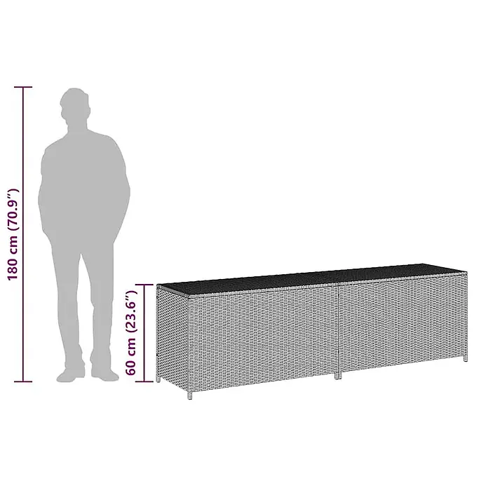 Furnicato Garten-Aufbewahrungsbox - L x B x H: 50 x 200 x 60 cm, Grau, Naturmaterialien - Lange schwarze Polyrattan-Aufbewahrungsbox/-bank, 60 cm hoch.