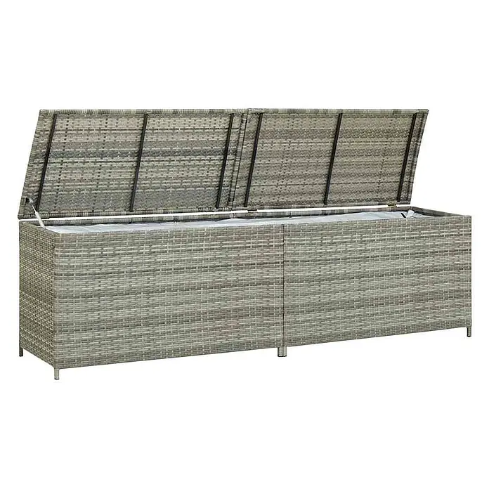 Furnicato Garten-Aufbewahrungsbox - Grau, Naturmaterialien - Graue Outdoor-Aufbewahrungsbox aus Rattan mit geöffnetem Deckel und weißem Futter.