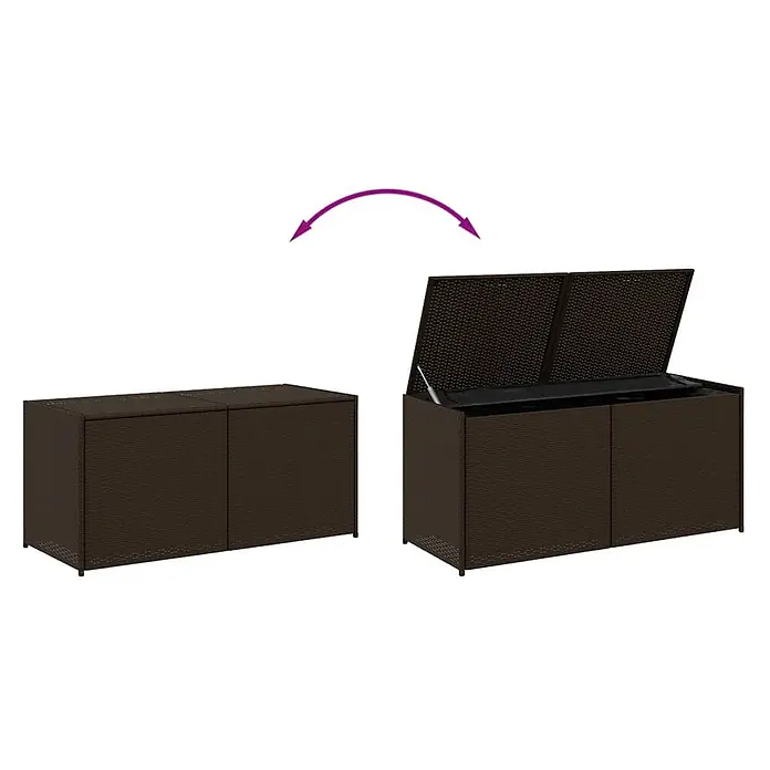 Furnicato Garten-Aufbewahrungsbox - L x B x H: 50 x 120 x 56 cm, Braun, Kunststoff - Dunkelbraune Outdoor-Aufbewahrungsbox in Rattan-Optik, geschlossen und mit geöffnetem Klappdeckel.