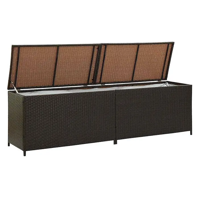Furnicato Garten-Aufbewahrungsbox - Braun, Naturmaterialien - Lange, dunkelbraune Rattan-Gartenbox mit zwei geöffneten Deckeln und heller Innenauskleidung.