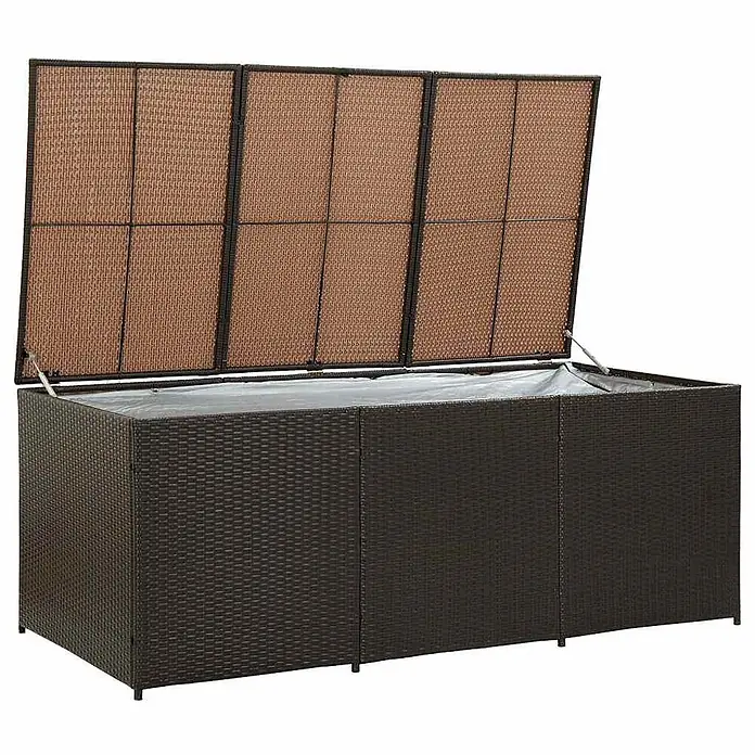 Furnicato Garten-Aufbewahrungsbox - Braun, Naturmaterialien - Dunkelbraune Outdoor-Aufbewahrungsbox in Rattan-Optik mit offenem Deckel und wasserdichter Innenverkleidung.