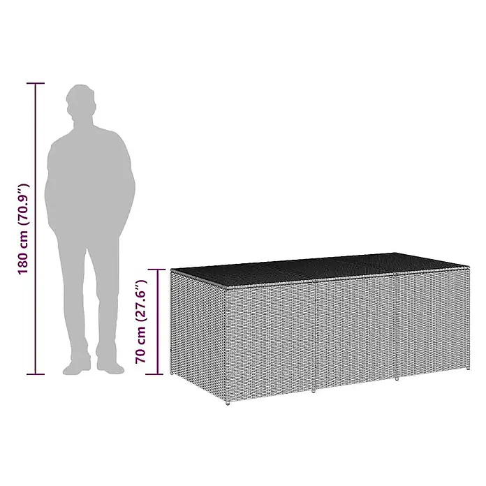 Furnicato Garten-Aufbewahrungsbox - L x B x H: 90 x 180 x 70 cm, Braun, Kunststoff - Große dunkelgraue Aufbewahrungsbox in Rattanoptik mit schwarzer Oberseite, neben einer Person zur Skalierung (70 cm Höhe).