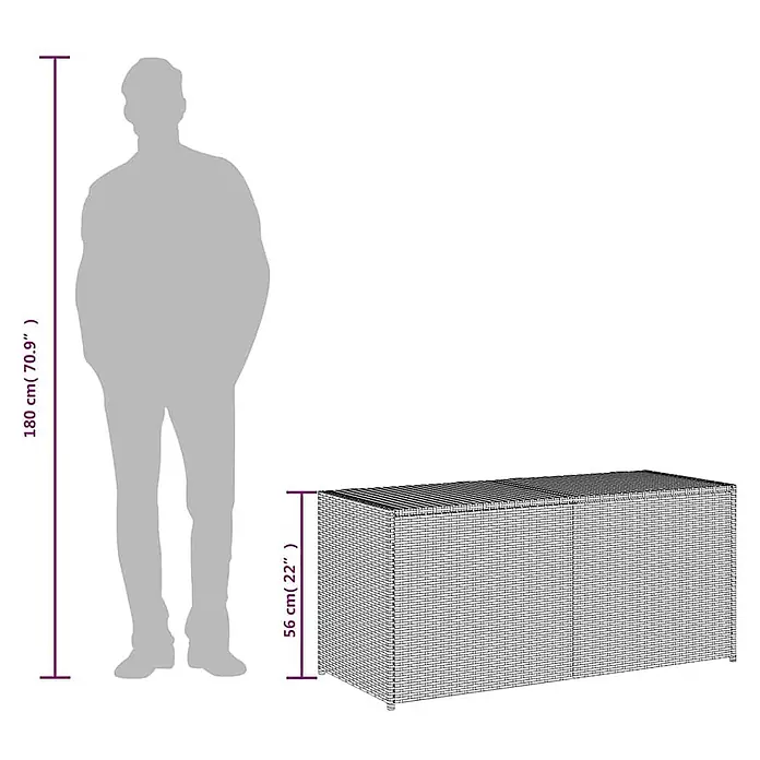 Furnicato Garten-Aufbewahrungsbox - Grau, Kunststoff - Geflochtene Rattan-Aufbewahrungsbox, 56 cm hoch, zum Größenvergleich dargestellt.