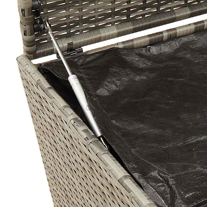 Furnicato Garten-Aufbewahrungsbox - L x B x H: 50 x 120 x 56 cm, Grau, Kunststoff - Graue Rattan-Aufbewahrungsbox innen mit schwarzer Einlage und silberner Gasdruckfeder, die den Deckel offen hält.