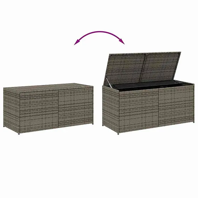 Furnicato Garten-Aufbewahrungsbox - L x B x H: 50 x 120 x 56 cm, Grau, Kunststoff - Dunkelgraue Rattan-Gartenbox, geschlossen und mit geöffnetem Deckel gezeigt.