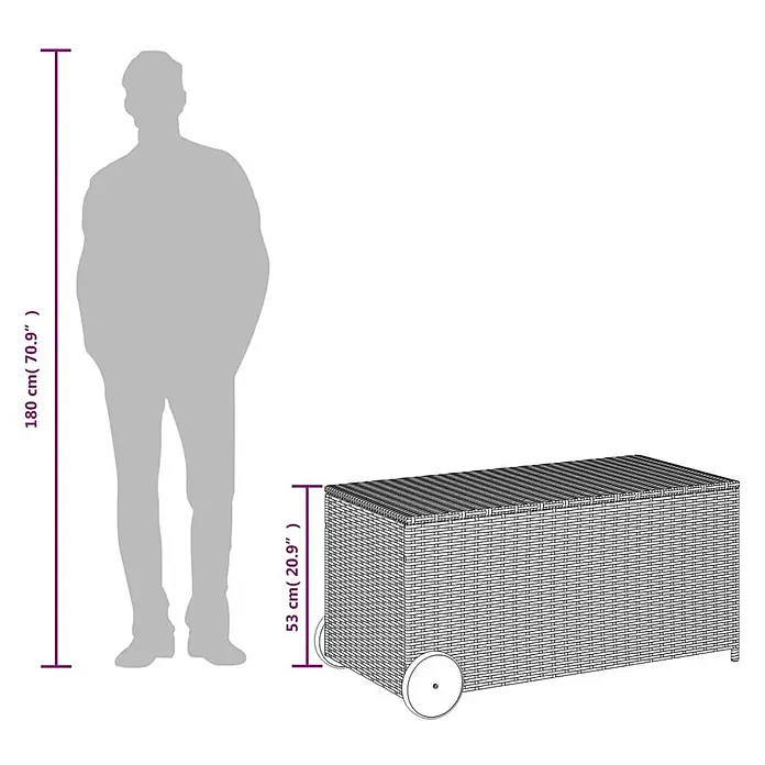 Furnicato Garten-Aufbewahrungsbox - Mischung aus Beige, Kunststoff - Geflochtene Aufbewahrungsbox mit Rollen, 53 cm hoch, neben einer 180 cm großen Person zur Größenreferenz.