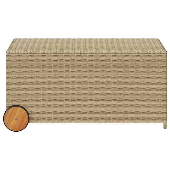 Furnicato Garten-Aufbewahrungsbox - Mischung aus Beige, Kunststoff - Beigefarbene Outdoor-Aufbewahrungsbox aus Geflecht mit Deckel und einem Holzrad an einem Ende zur Mobilität.