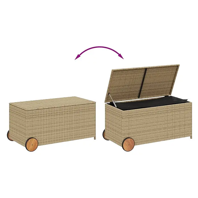 Furnicato Garten-Aufbewahrungsbox - Mischung aus Beige, Kunststoff - Hellbraune Rattan-Aufbewahrungsbox auf Rollen, geschlossen und mit offenem Gaslift-Deckel, der den schwarzen Innenraum enthüllt.