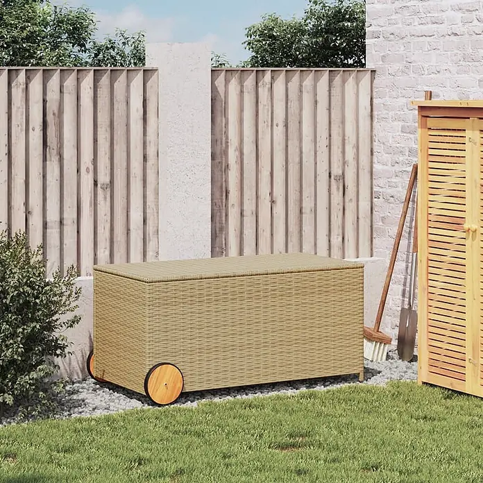 Furnicato Garten-Aufbewahrungsbox - Mischung aus Beige, Kunststoff - Beige Rattan-Gartenbox mit Holzrädern, ideal zur Aufbewahrung.
