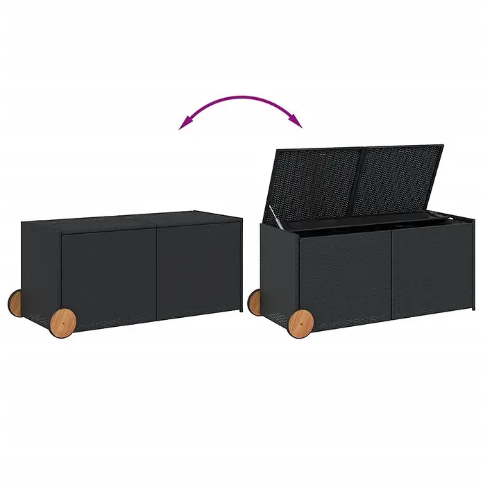 Furnicato Garten-Aufbewahrungsbox - L x B x H: 55 x 127 x 59,5 cm, Schwarz, Kunststoff - Schwarze Outdoor-Aufbewahrungsbox in Rattanoptik mit Holzrädern, geschlossen und mit geöffnetem Deckel.