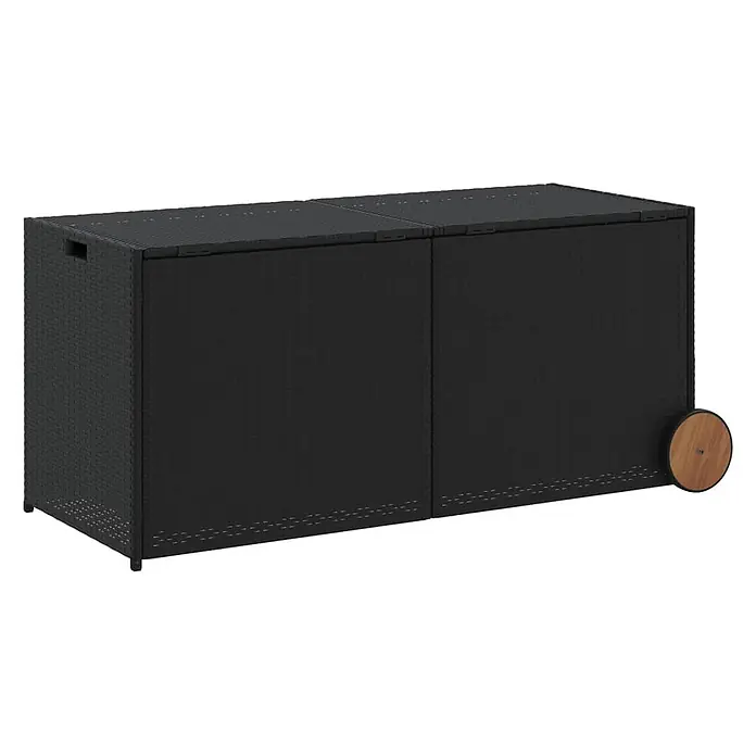 Furnicato Garten-Aufbewahrungsbox - L x B x H: 55 x 127 x 59,5 cm, Schwarz, Kunststoff - Schwarze Rattan-Optik Outdoor-Aufbewahrungsbox mit zwei Deckeln und einem Holzrad.