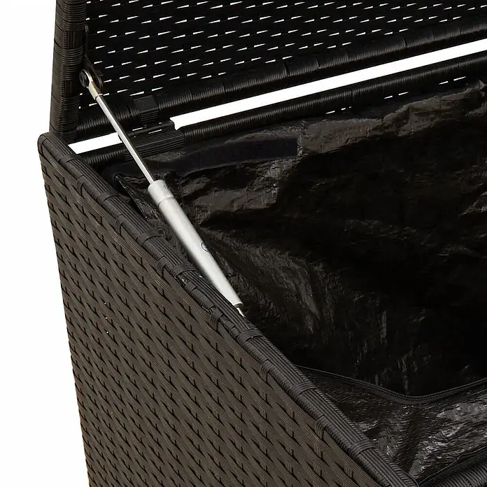 Furnicato Garten-Aufbewahrungsbox - L x B x H: 55 x 127 x 59,5 cm, Schwarz, Kunststoff - Offene dunkelbraune Rattan-Gartenbox mit schwarzem Innenfutter und Gasdruckfeder.