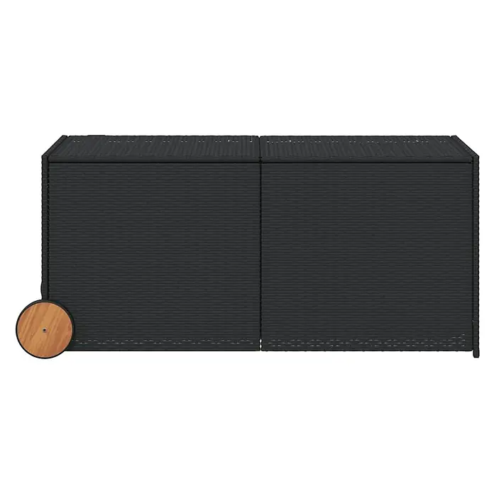 Furnicato Garten-Aufbewahrungsbox - Schwarz, Naturmaterialien - Dunkelgraue Rattan-Truhe mit zwei Abschnitten und Holzrad.