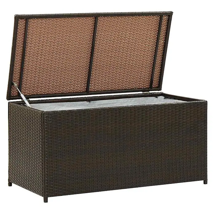 Furnicato Garten-Aufbewahrungsbox - Braun, Naturmaterialien - Braune Rattan-Aufbewahrungsbox mit geöffnetem Deckel, zeigt hellgraue Innenauskleidung.