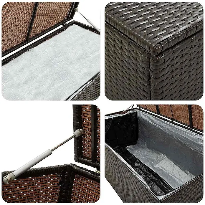 Furnicato Garten-Aufbewahrungsbox - Braun, Naturmaterialien - Braune Rattan-Aufbewahrungsbox mit ausgekleidetem Innenraum und Gasdruckfederdeckel.