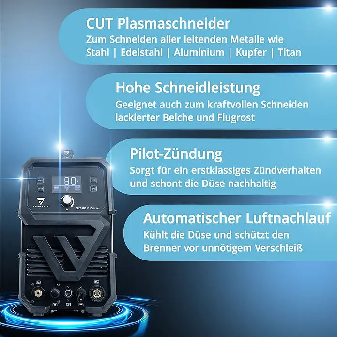 STAHLWERK Plasmaschneider Plasmaschneider CUT 80 P Digital THC - Schweißstrom: 80 A, 400 V - Ein schwarzer und grauer STAHLWERK CUT 80 P DIGITAL Plasmaschneider mit Feature-Texten.