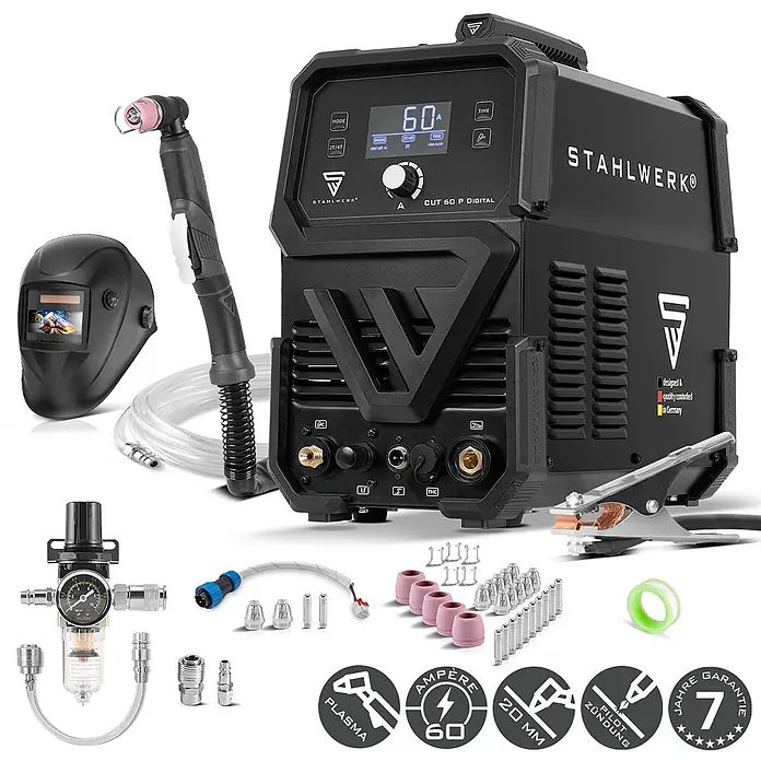 STAHLWERK Plasmaschneider Plasmaschneider CUT 60 P Digital THC Vollausstattung - Schweißstrom: 60 A, 400 V - Schwarzer STAHLWERK CUT 60 P Digital Plasmaschneider mit Schweißhelm, Brenner, Druckregler und Zubehör.