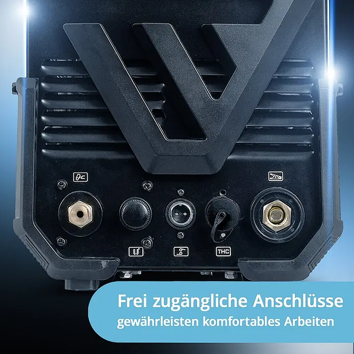 STAHLWERK Plasmaschneider Plasmaschneider CUT 80 P Digital THC - Schweißstrom: 80 A, 400 V - Schwarze Geräterückseite mit verschiedenen, leicht zugänglichen Anschlüssen, inkl. Messingklemmen, Drehknopf und XLR-Stecker, für komfortables Arbeiten.