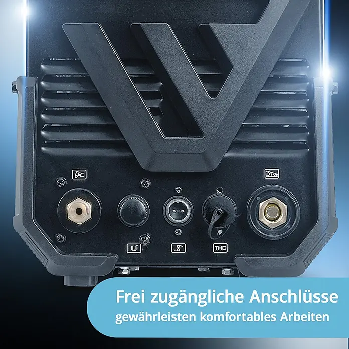 STAHLWERK Plasmaschneider Plasmaschneider CUT 60 P Digital THC - Schweißstrom: 60 A, 400 V - Schwarzes Elektronikgerät: Rückseite mit zugänglichen, klar beschrifteten Anschlüssen.