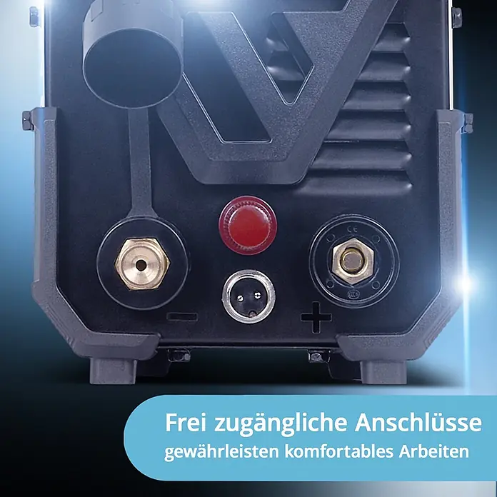 STAHLWERK Plasmaschneider Plasmaschneider CUT 50 P - 45 A Inverter - Schweißstrom: 45 A, 230 V - Dunkles Industriegerät mit sichtbaren Messing- und Silberanschlüssen, rotem Knopf und Schlauchanschluss, betont freie Zugänglichkeit.