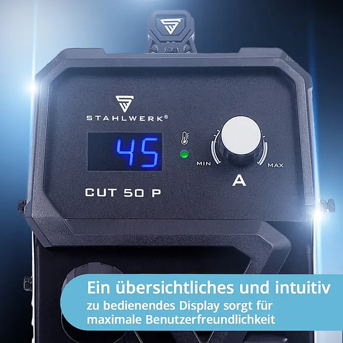 STAHLWERK Plasmaschneider Plasmaschneider CUT 50 P - 45 A Inverter - Schweißstrom: 45 A, 230 V - Dunkelgraues STAHLWERK CUT 50 P Bedienfeld mit Digitalanzeige '45', Temperaturindikator und Drehknopf zur Stromeinstellung.