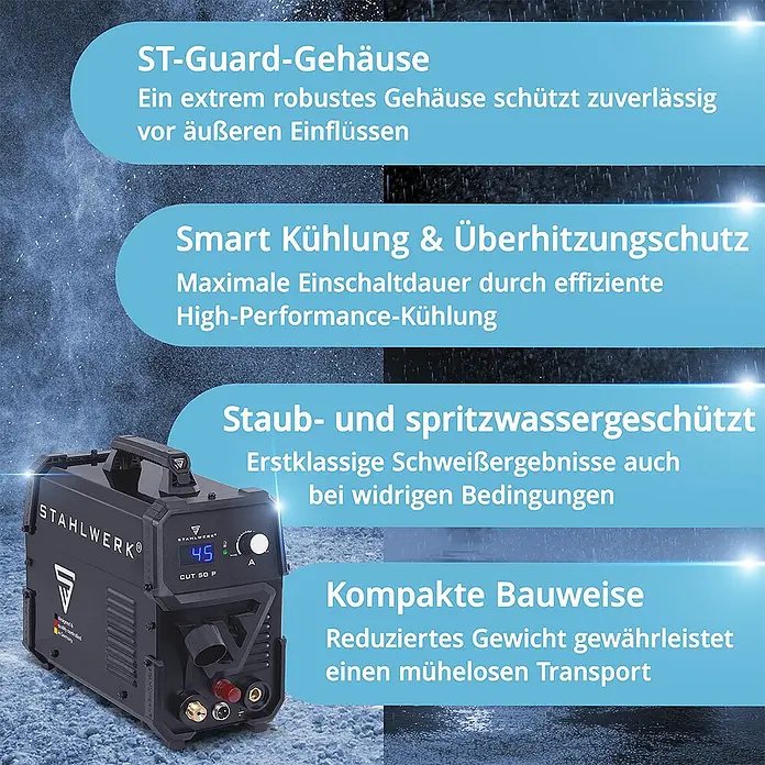 STAHLWERK Plasmaschneider Plasmaschneider CUT 50 P - 45 A Inverter - Schweißstrom: 45 A, 230 V - Ein schwarzes STAHLWERK CUT 50 P Plasmaschneid-/Schweißgerät, robust und kompakt, für anspruchsvolle Bedingungen.