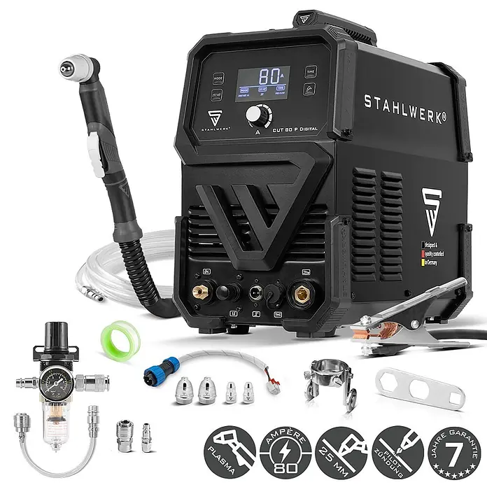 STAHLWERK Plasmaschneider Plasmaschneider CUT 80 P Digital THC - Schweißstrom: 80 A, 400 V - Schwarzer digitaler Plasmaschneider Stahlwerk CUT 80 P Digital mit Plasmabrenner und diversen Zubehörteilen.