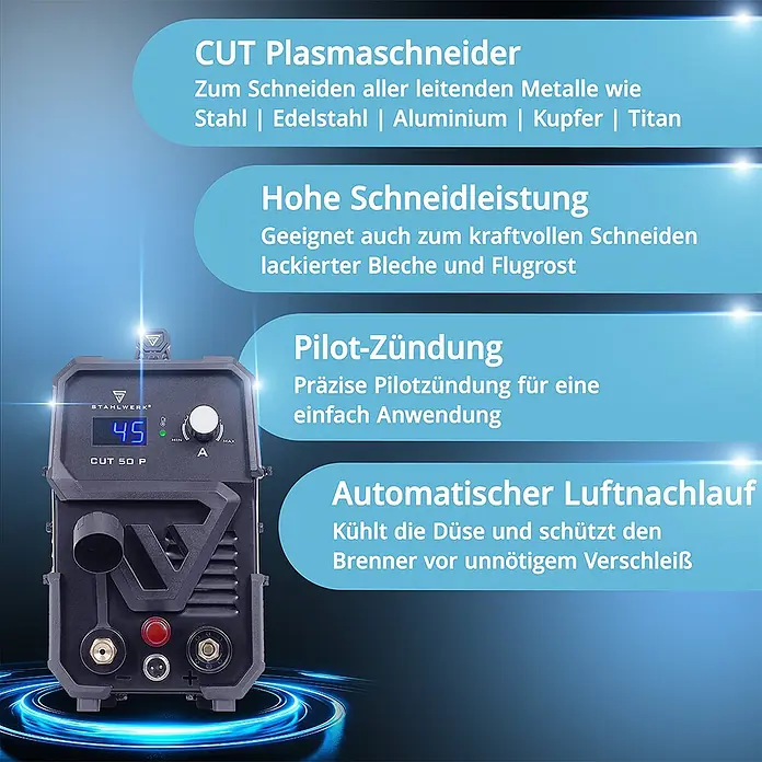 STAHLWERK Plasmaschneider Plasmaschneider CUT 50 P - 45 A Inverter - Schweißstrom: 45 A, 230 V - Grauer und schwarzer Plasmaschneider mit Digitalanzeige '45' und Bedienknöpfen, der seine Schneidleistung für verschiedene Metalle und einfache Handhabung hervorhebt.