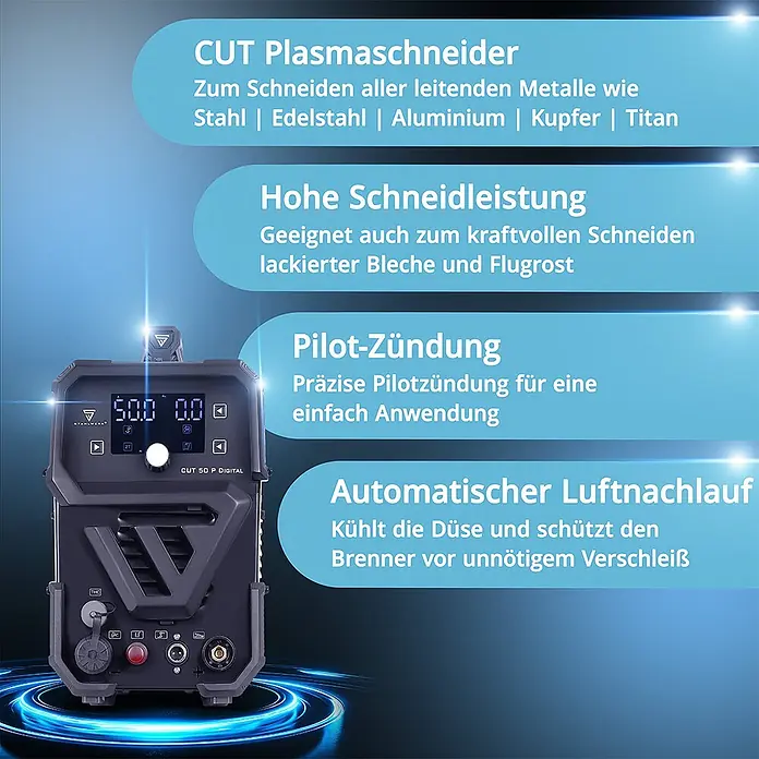 STAHLWERK Plasmaschneider Plasmaschneider CUT 50 Pro Digital THC - Schweißstrom: 50 A, 230 V - Ein dunkelgrauer CUT 50 P DIGITAL Plasmaschneider mit Digitalanzeige. Leistungsstark zum Schneiden leitender Metalle wie Stahl und Aluminium.