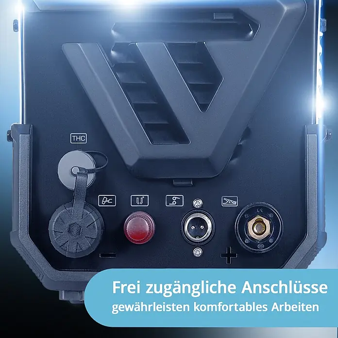 STAHLWERK Plasmaschneider Plasmaschneider CUT 50 Pro Digital THC - Schweißstrom: 50 A, 230 V - Dunkles Industriegerät mit leicht zugänglichen Anschlüssen und Bedienelementen, wie THC-Beschriftung und rotem Knopf, für komfortables Arbeiten.