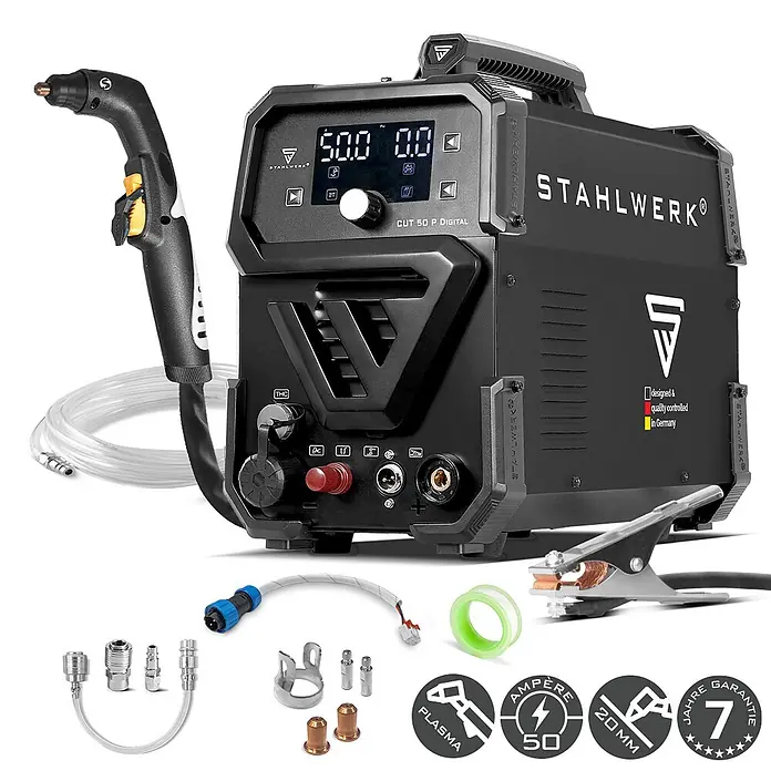 STAHLWERK Plasmaschneider Plasmaschneider CUT 50 Pro Digital THC - Schweißstrom: 50 A, 230 V - Schwarzer STAHLWERK CUT 50 P DIGITAL Plasmaschneider mit Brenner, Masseklemme und Zubehör.