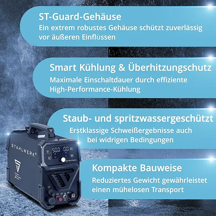 STAHLWERK Plasmaschneider Plasmaschneider CUT 50 Pro Digital THC - Schweißstrom: 50 A, 230 V - Ein kompakter, dunkelgrauer Stahlwerk CUT 50 P Digital Plasmaschneider mit Tragegriff, Digitalanzeige und Bedienelementen an der Vorderseite.