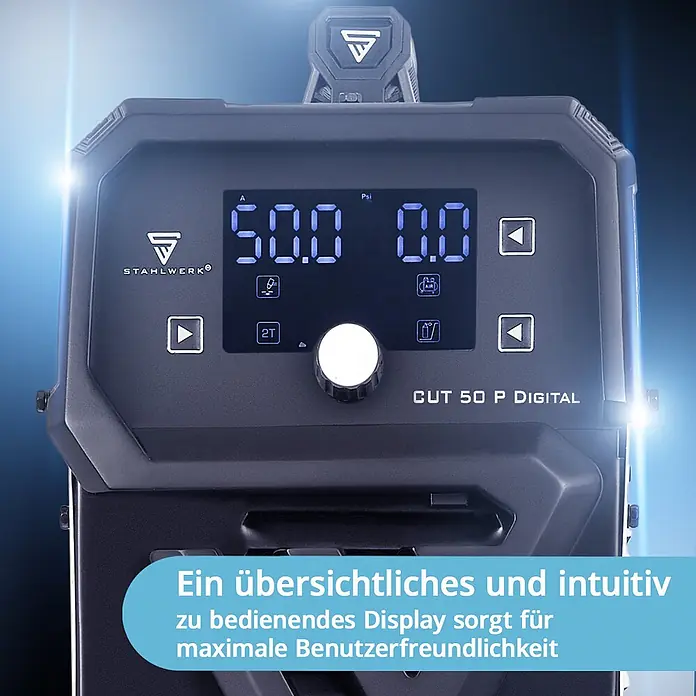 STAHLWERK Plasmaschneider Plasmaschneider CUT 50 Pro Digital THC - Schweißstrom: 50 A, 230 V - Nahaufnahme des Displays eines dunkelgrauen digitalen Plasmaschneiders mit Anzeige von 50.0 A, 0.0 Psi, Drehknopf und Tasten.