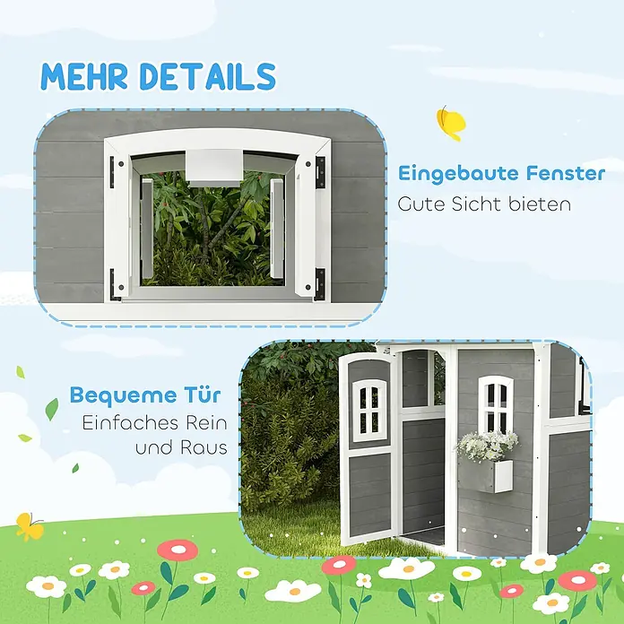 Outsunny Spielhaus - L x B x H: 110 x 104,5 x 137 cm, Holz, Grau - Graues und weißes Holzspielhaus: ein zu öffnendes Fenster bietet gute Sicht, eine zugängliche Tür einfachen Ein- und Ausgang.