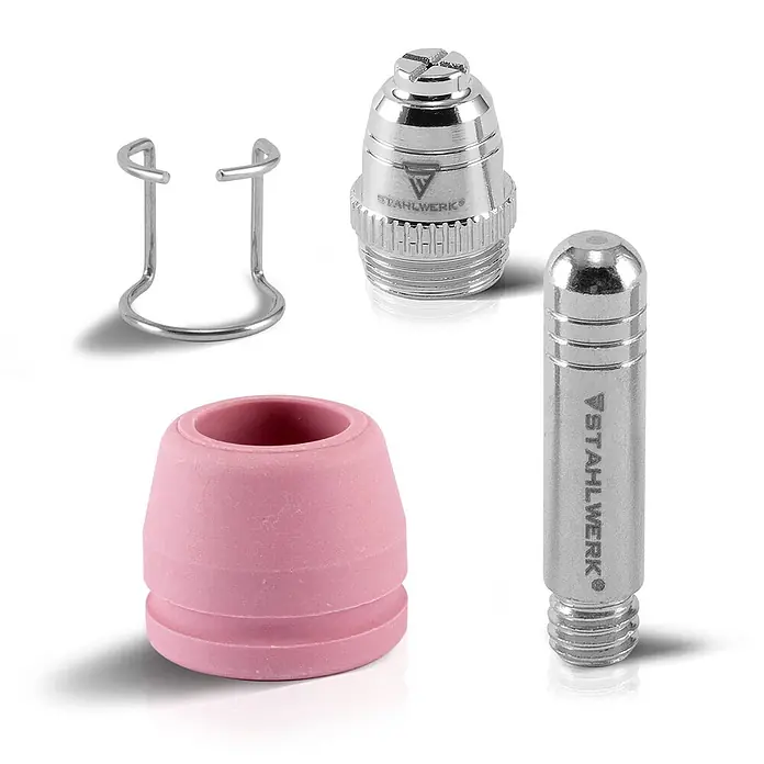 STAHLWERK Plasmaschneider-Brennerkopf Verschleißteile Plasmabrenner P60 60 tlg. -  - Set von Plasmaschneider-Verbrauchsmaterialien: silberner Metallschild, Elektrode und Abstandshalter, sowie eine rosa Keramikdüse.