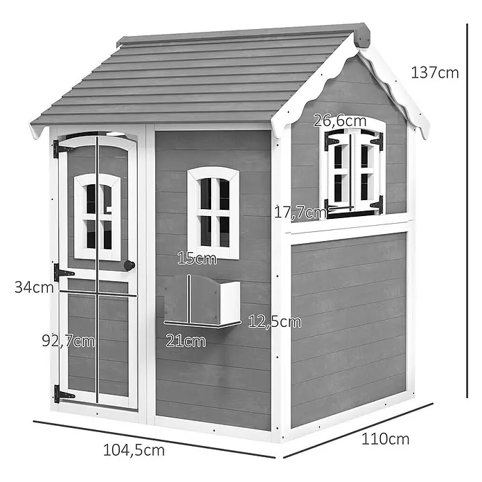 Outsunny Spielhaus - L x B x H: 110 x 104,5 x 137 cm, Holz, Grau - Grau-weißes Holzspielhaus für Kinder mit gewölbter Tür, Fenstern und Briefkasten.