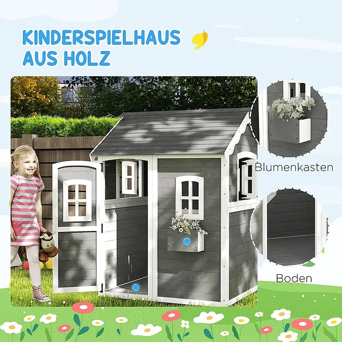 Outsunny Spielhaus - L x B x H: 110 x 104,5 x 137 cm, Holz, Grau - Graues und weißes Holzspielhaus im Garten, mit einem Kind daneben stehend.