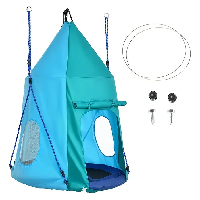 Outsunny Nestschaukel - Durchmesser: 100 cm, Polyester, Blaugrün - Eine blau-türkisfarbene Hängeschaukel mit Seil, Metallringen, flexiblem Reifen, Schrauben und Kappen zur Montage und Aufhängung.