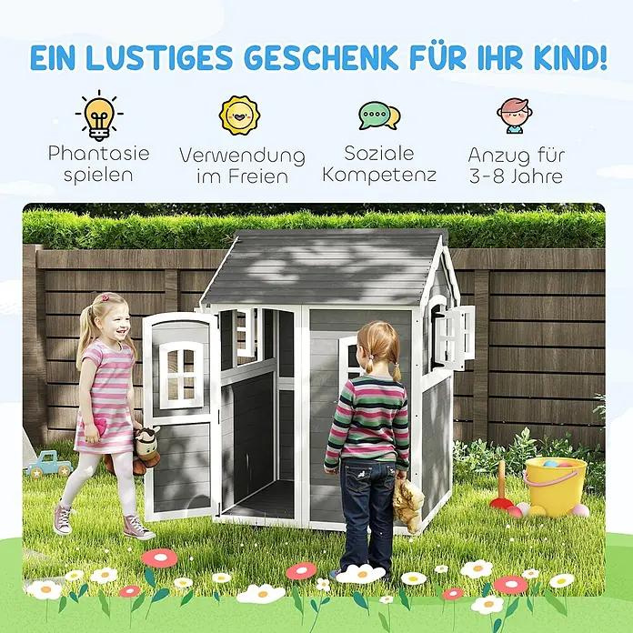 Outsunny Spielhaus - L x B x H: 110 x 104,5 x 137 cm, Holz, Grau - Zwei Mädchen spielen in einem grauen Holzspielhaus im Garten. Ideal für fantasievollen Outdoor-Spielspaß für Kinder von 3-8 Jahren.