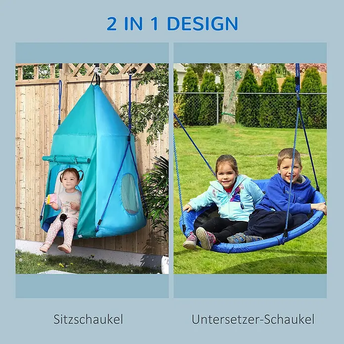 Outsunny Nestschaukel - Durchmesser: 100 cm, Polyester, Blaugrün - Vielseitige blaue 2-in-1 Kinderschaukel, dargestellt als hängende Zeltschaukel und runde Untersetzer-Schaukel, von Kindern im Freien genutzt.