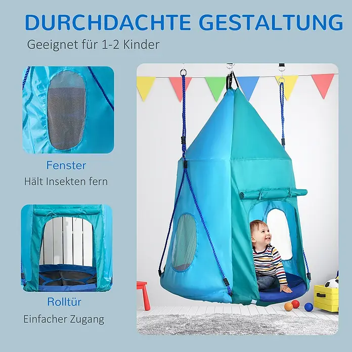 Outsunny Nestschaukel - Durchmesser: 100 cm, Polyester, Blaugrün - Blau-türkise Hängeschaukelzelt mit Netzfenster und Rolltür, ein Kind sitzt lachend darin.